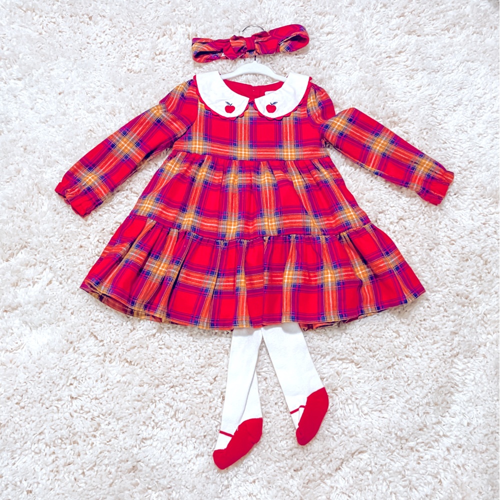 Tiered Plaid Tahari dress with embroidered apple collar